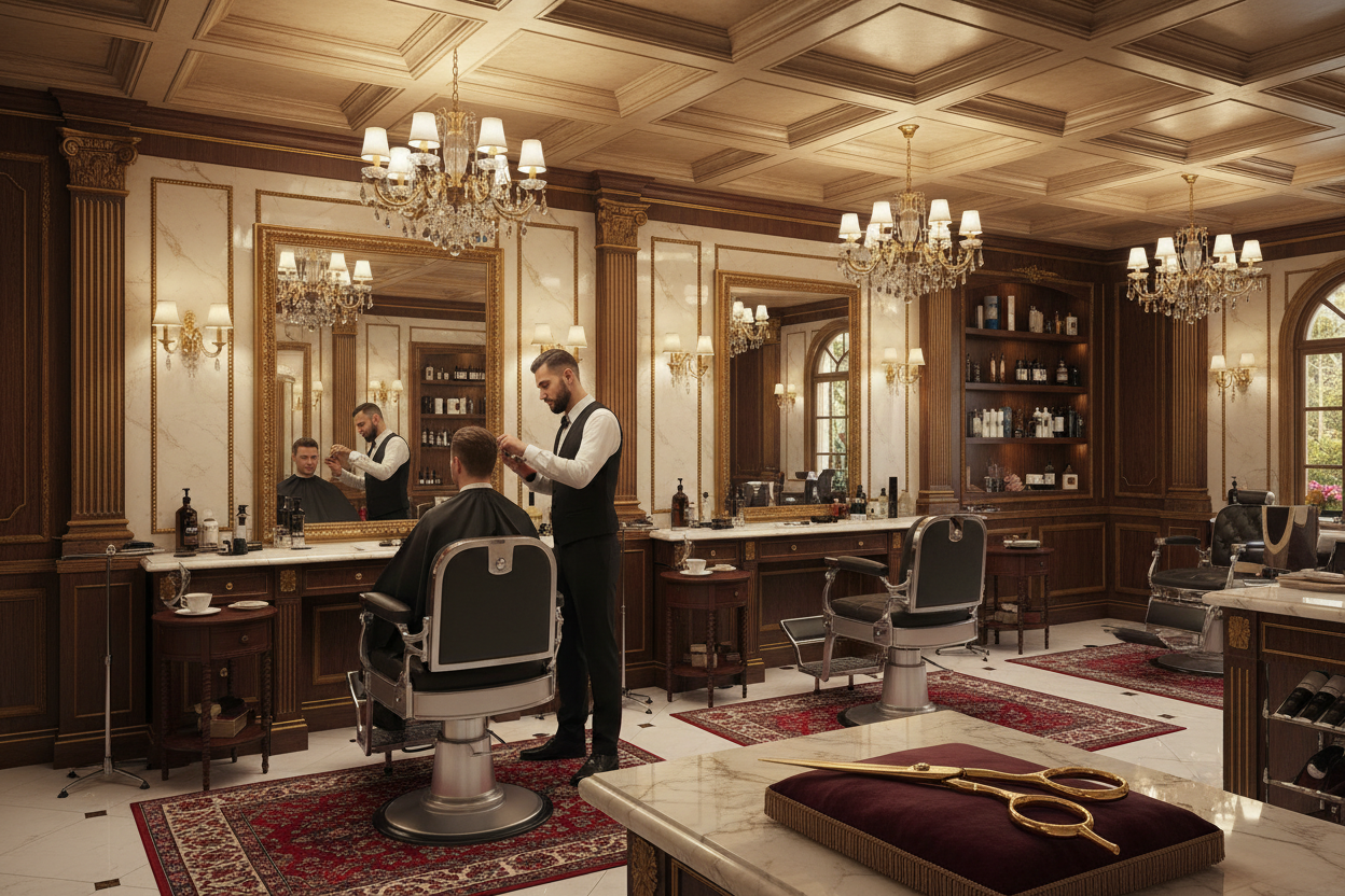 CORTE FINO EN UN LUGAR LUJOSOA TIJERA CON TIJERAS DE ORO