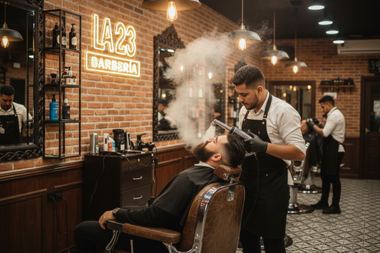 UN CORTE DE BARBA CON VAPOR EN LA BARBERIA LA 23